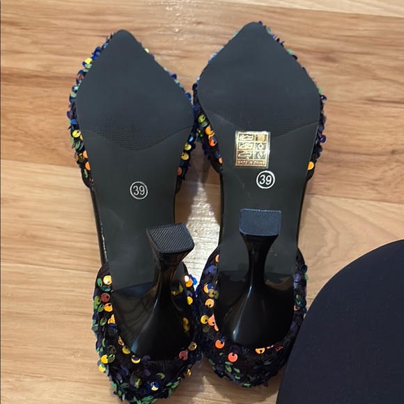 Black Sequin Embellished Heels with Scalloped Edges - Picture 4 of 4